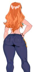 Rule 34 | 1girl, ass, back, bikini, bracelet, breasts, denim, from behind, hand on own hip, huge ass, jeans, jewelry, large breasts, long hair, nami (one piece), narrow waist, one piece, orange hair, pants, pocket, sideboob, solo, swimsuit, thick thighs, thighs, tight clothes, tight pants, toothreen, white background
