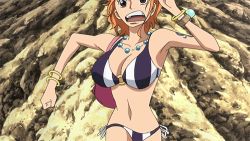 Rule 34 | 1girl, animated, animated gif, bikini, bikini top only, bouncing breasts, breasts, brown eyes, female focus, jewelry, lowres, nami (one piece), one piece, one piece: strong world, orange hair, short hair, solo, swimsuit, tattoo