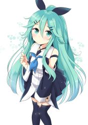 Rule 34 | 10s, 1girl, aqua eyes, aqua hair, black ribbon, black thighhighs, blue neckerchief, blush, breasts, commentary request, detached sleeves, green eyes, hair between eyes, hair ornament, hair ribbon, hairclip, kantai collection, long hair, long sleeves, looking at viewer, neckerchief, pleated skirt, ponytail, ribbon, sailor collar, skirt, solo, standing, thighhighs, very long hair, white background, yamakaze (kancolle), yoshikita popuri, zettai ryouiki