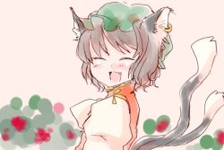 Rule 34 | 1girl, animal ears, bow, brown hair, cat ears, cat girl, cat tail, chen, closed eyes, comic, dress, female focus, flower, komaku juushoku, multiple tails, nekomata, open mouth, red dress, short hair, silent comic, smile, solo, tail, touhou, two tails