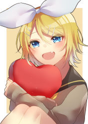 Rule 34 | 1girl, :d, aryuma772, black sailor collar, blonde hair, blue eyes, blush, bow, fang, grey sweater, hair between eyes, hair bow, hair ornament, hairclip, heart, heart-shaped pillow, highres, kagamine rin, long sleeves, hugging object, open mouth, pillow, pillow hug, sailor collar, short hair, sitting, sleeves past wrists, smile, solo, sweater, swept bangs, vocaloid, white bow