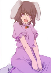 Rule 34 | 1girl, :d, animal ears, brown hair, carrot necklace, dress, female focus, honda kikyou, inaba tewi, jewelry, looking at viewer, necklace, open mouth, own hands together, pink dress, pink eyes, rabbit ears, simple background, sitting, smile, solo, touhou, v arms, white background