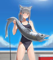 Rule 34 | 1girl, animal, animal ear fluff, animal ears, bare arms, black one-piece swimsuit, blue archive, blue eyes, blue one-piece swimsuit, blue sky, closed mouth, collarbone, cowboy shot, day, fish, fishing rod, grey hair, halo, highres, holding, holding animal, holding fish, kion-kun, looking at viewer, mismatched pupils, one-piece swimsuit, shiroko (blue archive), shiroko (swimsuit) (blue archive), sky, smile, solo, swimsuit, two-tone swimsuit, wolf ears