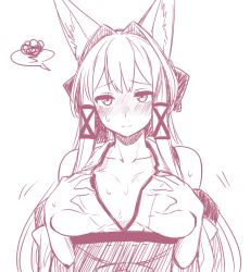 Rule 34 | 1girl, 3:, animal ears, blush, bow, breasts, closed mouth, collarbone, commentary request, fox ears, fox girl, hair bow, hair intakes, hair ribbon, hands on own chest, japanese clothes, kimono, large breasts, long hair, looking at viewer, monochrome, original, revision, ribbon, ryuusei (ryuuseiseikou), simple background, sketch, sleeveless, sleeveless kimono, solo, spoken squiggle, squiggle, tamamo (ryuusei), tamamo (yagi), upper body, yagi (ningen)