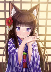 Rule 34 | 1girl, absurdres, animal ear fluff, animal ears, blush, brown hair, cat ears, closed mouth, commentary request, flower, hair flower, hair ornament, hands up, highres, indoors, interlocked fingers, iroha (iroha matsurika), japanese clothes, kimono, long hair, long sleeves, looking at viewer, mutsuki (iroha (iroha matsurika)), obi, original, own hands together, print kimono, purple eyes, red flower, sash, smile, solo, upper body, very long hair, white flower, wide sleeves, yagasuri