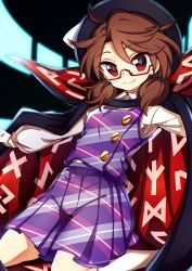 Rule 34 | 1girl, absurdres, baba (baba seimaijo), bolo tie, bow, brown hair, cape, commentary request, fedora, glasses, hat, hat bow, highres, kneehighs, kneeling, long sleeves, looking at viewer, low twintails, plaid, plaid skirt, plaid vest, purple skirt, purple vest, red-framed eyewear, red eyes, semi-rimless eyewear, shirt, skirt, smile, socks, solo, touhou, twintails, under-rim eyewear, usami sumireko, vest, white bow, white socks, white shirt