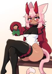 Rule 34 | 1girl, absurdres, animal ears, ass, bench, black-framed eyewear, black thighhighs, blush, breasts, cat ears, cat girl, cat tail, closed mouth, crossed legs, daigada, glasses, heart, heart-shaped pupils, highres, holding, holding mistletoe, long sleeves, looking at viewer, medium hair, mistletoe, original, pink hair, red eyes, round eyewear, sitting, small breasts, solo, symbol-shaped pupils, tail, thighhighs