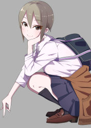 Rule 34 | 1girl, :3, bag, black socks, black skirt, blush, breasts, brown eyes, brown footwear, brown hair, closed mouth, clothes around waist, collared shirt, duffel bag, earrings, eyelashes, from side, full body, hair between eyes, hand on own cheek, hand on own face, idolmaster, idolmaster cinderella girls, jewelry, kneehighs, loafers, long sleeves, looking at viewer, looking to the side, medium breasts, mitche, school uniform, shiomi syuko, shirt, shoes, skirt, smile, socks, solo, stud earrings, white shirt, wing collar