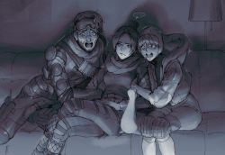 Rule 34 | ..., 1boy, 2girls, annoyed, apex legends, breasts, commentary, crossed legs, facial hair, goatee, goggles, goggles on head, greyscale, highres, hood, hooded jacket, jacket, locked arms, medium breasts, mirage (apex legends), monochrome, multiple girls, nessie (respawn), open mouth, renee shika egakan, scar, scar across eye, scar on face, sitting, spoken ellipsis, stuffed toy, sweat, symbol-only commentary, wattson (apex legends), wraith (apex legends)