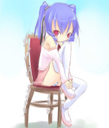 Rule 34 | 1girl, blue hair, chair, feet on chair, kuro (be ok), off shoulder, original, panties, pantyshot, purple hair, red eyes, short hair, sitting, sketch, skirt, solo, striped clothes, striped panties, thighhighs, twintails, underwear, upskirt, white thighhighs
