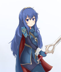 Rule 34 | 1girl, armor, blue background, blue eyes, blue gloves, blue hair, blue thighhighs, blush, breasts, cape, chirun0, cowboy shot, female focus, fire emblem, fire emblem awakening, gloves, highres, holding, holding sword, holding weapon, long hair, looking at viewer, lucina (fire emblem), matching hair/eyes, nintendo, pauldrons, shoulder armor, simple background, skindentation, small breasts, solo, standing, sword, symbol in eye, thighhighs, tiara, tunic, weapon, wrist cuffs