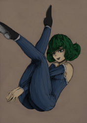 Rule 34 | 1girl, alternate costume, ass, bad id, bad pixiv id, bare shoulders, bodystocking, curly hair, detached sleeves, psychic, fantasy, flats, floating, flying, full body, green eyes, green hair, highres, knees up, legs up, levitation, light smile, lips, long sleeves, looking at viewer, magic, matching hair/eyes, one-punch man, psychic, revision, shoes, short hair, sitting, smile, solo, striped, tatsumaki, telekinesis, the golden smurf, v arms, vertical stripes