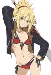 Rule 34 | 1girl, arm behind back, arm up, bikini, black jacket, blonde hair, braid, breasts, clarent (fate), closed mouth, collar, collarbone, fate/apocrypha, fate (series), french braid, green eyes, hair ornament, hair scrunchie, hand on own hip, highres, jacket, long hair, long sleeves, looking at viewer, mordred (fate), mordred (fate/apocrypha), mordred (swimsuit rider) (first ascension) (fate), navel, open clothes, open jacket, ponytail, red scrunchie, scrunchie, side-tie bikini bottom, sidelocks, simple background, small breasts, smile, solo, swimsuit, sword, thighs, tonee, weapon, zipper pull tab