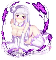 Rule 34 | 10s, 1girl, 3:, arm support, bad id, bad pixiv id, bare shoulders, blush, braid, breasts, cleavage, closed mouth, cloud, crown braid, detached collar, detached sleeves, dress, embarrassed, emilia (re:zero), flower, frilled sleeves, frills, full body, gem, gluteal fold, green gemstone, hair flower, hair ornament, head tilt, large breasts, light purple hair, long hair, long sleeves, looking at viewer, low-tied long hair, magic circle, nose blush, on floor, panties, purple eyes, purple panties, ratio (ratio-d), re:zero kara hajimeru isekai seikatsu, shiny skin, sidelocks, simple background, solo, tearing up, tears, thigh gap, thighhighs, underwear, v arms, very long hair, wardrobe malfunction, white background, white dress, white thighhighs, wide sleeves