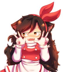 Rule 34 | absurdres, alternate costume, animal ears, blush, boots, breasts, brown hair, chibi, double v, dress, dungeon toaster, fang, highres, imaizumi kagerou, long hair, looking away, nail polish, red dress, red eyes, red nails, red ribbon, ribbon, small breasts, sweat, tail, touhou, turtleneck, v, wavy mouth, werewolf, wolf ears, wolf girl, wolf tail