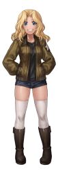 Rule 34 | 1girl, :d, absurdres, black shirt, blonde hair, blue eyes, blue shorts, bomber jacket, boots, brown jacket, denim, denim shorts, emblem, full body, girls und panzer, grin, hair intakes, hands in pockets, highres, jacket, kay (girls und panzer), long hair, long sleeves, looking at viewer, military, military uniform, open clothes, open jacket, open mouth, oyu udon, saunders military uniform, shirt, short shorts, shorts, simple background, skindentation, smile, solo, standing, star (symbol), star print, thighhighs, thighs, uniform, white background, white thighhighs, zipper