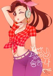 Rule 34 | 1girl, ;), arm up, belt, bow, breasts, brown eyes, brown hair, cleavage, collared shirt, cowboy shot, cruiser d.va, d.va (overwatch), denim, earrings, hair bow, halphelt, headphones, hip focus, hoop earrings, jeans, jewelry, korean text, lipstick, long hair, looking at viewer, makeup, mascara, midriff, nail polish, navel, one eye closed, overwatch, overwatch 1, pants, pink bow, plaid, plaid shirt, ponytail, rabbit, red nails, shirt, short sleeves, signature, smile, solo, text focus, tied shirt, unbuttoned, unbuttoned shirt