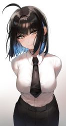 Rule 34 | 1girl, absurdres, ahoge, arms behind back, bad id, bad pixiv id, black hair, black necktie, black pants, blue hair, breasts, brown eyes, buttons, closed mouth, colored inner hair, commentary, cross, cross earrings, earrings, english commentary, formal, gradient background, grey background, highres, irene (kanniiepan), jewelry, kanniiepan, light smile, looking at viewer, medium breasts, medium hair, mole, mole under eye, multicolored hair, necktie, original, pants, pov, shirt, shirt tucked in, simple background, solo, standing, two-tone hair, white shirt