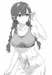 Rule 34 | 1girl, alternate costume, bare shoulders, braid, breasts, collarbone, cowboy shot, crop top, fugu custom, greyscale, highres, kantai collection, large breasts, long hair, midriff, monochrome, navel, noshiro (kancolle), shorts, solo, sports bra, swept bangs, tank top, twin braids, white background