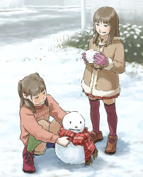 Rule 34 | 2girls, brown hair, child, coat, gloves, happy, legs, multiple girls, original, outdoors, scarf, siblings, sisters, skirt, smile, snow, snowman, squatting, sweater, thighhighs, tnt (aaaazzzz)