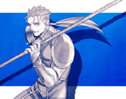 Rule 34 | 1boy, bad id, bad pixiv id, cu chulainn (fate), fate/stay night, fate (series), gae bolg (fate), glowing, glowing eyes, cu chulainn (fate/stay night), long hair, male focus, polearm, ponytail, red eyes, solo, spear, spot color, taa (acid), weapon