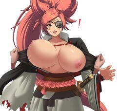 Rule 34 | !, 1girl, 1other, aassddff, absurdres, amputee, arc system works, assisted exposure, baiken, breasts, collarbone, disembodied hand, eyepatch, facial tattoo, guilty gear, guilty gear strive, highres, huge breasts, japanese clothes, katana, kimono, long hair, nipples, open mouth, pink hair, red eyes, samurai, simple background, solo focus, sword, tattoo, torn clothes, torn kimono, weapon, white background
