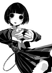 Rule 34 | 1girl, ascot, belt, bob cut, chain, dilated pupils, dutch angle, ear piercing, highres, kyohai 9, looking at viewer, monochrome, open mouth, original, piercing, pleated skirt, sailor collar, shirt, short hair, simple background, skirt, solo, teeth, upper teeth only