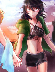Rule 34 | 2girls, andou (girls und panzer), bikini, bikini shorts, black bikini, black hair, blonde hair, brown eyes, checkered bikini, checkered clothes, cloud, cloudy sky, commentary request, dark-skinned female, dark skin, drawstring, female pov, girls und panzer, gradient sky, green jacket, highres, holding hands, hood, hoodie, interlocked fingers, jacket, light smile, looking at viewer, medium hair, messy hair, mimoe, multiple girls, navel, open clothes, open jacket, orange sky, oshida (girls und panzer), out of frame, outdoors, parted lips, pov, short sleeves, shorts, sky, standing, sunset, swimsuit, yuri