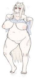 Rule 34 | 1girl, barefoot, blush, borrowed character, breasts, breasts apart, cleft of venus, commentary request, female focus, full body, horns, huge breasts, inverted nipples, jon henry nam, kanoeki sakurako, large breasts, long hair, looking at viewer, monster girl, muchigaku, nipples, nude, original, pale skin, plump, pointy ears, puffy areolae, puffy nipples, pussy, red eyes, sidelocks, simple background, solo, standing, thick thighs, thighs, towel, uncensored, very long hair, wet, white background
