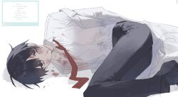Rule 34 | 1boy, black eyes, black footwear, black hair, black pants, blood, blood from mouth, blood on clothes, blood on face, bruise, coat, highres, injury, lab coat, limbus company, long sleeves, looking at viewer, lying, male focus, maratang, necktie, on side, pants, project moon, red necktie, shirt, shoes, simple background, solo, white background, white coat, white shirt, yi sang (project moon)