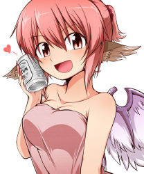 Rule 34 | 1girl, :d, alcohol, alternate costume, animal ears, bad id, bad nicoseiga id, bare shoulders, beer, bird wings, blush, breasts, can to cheek, cleavage, collarbone, contemporary, dress, fingernails, heart, highres, looking at viewer, medium breasts, mystia lorelei, nail polish, naked towel, off-shoulder dress, off shoulder, open mouth, pink eyes, pink hair, pink towel, ponytail, red nails, scrunchie, sharp fingernails, short hair, short ponytail, simple background, smile, solo, strapless, strapless dress, sumiya nadateru, touhou, towel, white background, wings