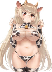 Rule 34 | 1girl, animal ears, animal print, bell, blonde hair, blush, breasts, bridal gauntlets, brown eyes, closed mouth, conte di cavour (kancolle), cow ears, cow horns, cow print, cowboy shot, groin, hair between eyes, highres, horns, kantai collection, large breasts, long hair, navel, neck bell, simple background, solo, thighhighs, toka (marchlizard), two side up, white background