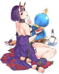 Rule 34 | 1girl, alcohol, ankle ribbon, asakawa (outeq), bare shoulders, barefoot, barefoot sandals (jewelry), blunt bangs, blush, commentary, cup, eating, fate/grand order, fate (series), food, from behind, from side, fruit, full body, gourd, grapes, greyscale, head tilt, horns, japanese clothes, juf, jug (bottle), leg ribbon, liquor, looking at viewer, looking back, monochrome, off shoulder, purple eyes, purple hair, ribbon, sakazuki, short hair, shuten douji (fate), shuten douji (first ascension) (fate), simple background, sitting, skin-covered horns, soles, solo, white background, yokozuwari