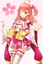 Rule 34 | ahoge, bare shoulders, bell, blush, bow, breasts, bridal garter, cherry blossoms, closed mouth, detached sleeves, floral print, frilled skirt, frills, green eyes, hair bell, hair ornament, hairclip, highres, hololive, jingle bell, medium hair, miniskirt, nontraditional miko, obi, one eye closed, one side up, outstretched hand, pink hair, red skirt, rin (0917608), sakura miko, sakura miko (1st costume), sash, sideboob, simple background, single thighhigh, skirt, smile, solo, thigh strap, thighhighs, virtual youtuber, white background, white thighhighs, yellow bow