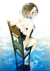 Rule 34 | 1girl, back, bare shoulders, blue eyes, brown hair, chair, closed mouth, cloud, dated, full body, glasses, hair ornament, hairclip, highres, kyo (kuroichigo), looking back, medium hair, mole, mole under eye, one-piece swimsuit, original, red lips, reflection, signature, sitting, solo, swimsuit, water