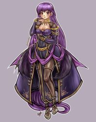 Rule 34 | 1girl, absurdly long hair, absurdres, blush, braid, breasts, cape, cleavage, cloak, commission, commissioner upload, cosplay, dress, female focus, fire emblem, fire emblem: the binding blade, fire emblem heroes, full body, highres, holding, long hair, matching hair/eyes, medium breasts, nintendo, pantyhose, purple eyes, purple hair, simple background, solo, sophia (fire emblem), tharja (bridal) (fire emblem), tharja (fire emblem), thaumana, very long hair