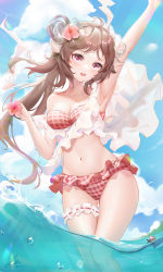 Rule 34 | 1girl, air bubble, animal ears, antenna hair, arknights, arm up, armpits, bare shoulders, bikini, blue sky, blush, breasts, bridal garter, brown hair, bubble, chinese commentary, cloud, collarbone, commentary request, day, eyjafjalla (arknights), eyjafjalla (summer flower) (arknights), feet out of frame, floating hair, flower, hair flower, hair ornament, hand up, hibiscus, highres, holding, holding flower, horns, liu liaoliao, long hair, looking at viewer, medium breasts, midriff, navel, ocean, official alternate costume, open mouth, outdoors, pink eyes, pink flower, plaid, plaid bikini, red bikini, sheep, sheep ears, sheep girl, sheep horns, sky, solo, swimsuit, teeth, upper teeth only, very long hair, wading, water