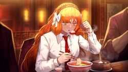 Rule 34 | 1girl, 2others, blowing, blowing on food, bow, bowl, brown hairband, chopsticks, collared shirt, dumpling, eating, food, freckles, game cg, hair bow, hairband, highres, holding, holding chopsticks, indoors, ishmael (project moon), jacket, limbus company, long hair, long sleeves, multiple others, nai ga, necktie, noodles, official art, open mouth, orange eyes, orange hair, project moon, red jacket, red necktie, red shirt, shirt, sitting, tie clip, unworn jacket, very long hair, white bow, white shirt, wing collar