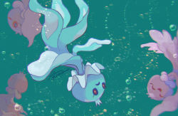 Rule 34 | air bubble, bright pupils, bubble, commentary request, creatures (company), closed eyes, frillish, frillish (female), frillish (male), frown, game freak, gen 5 pokemon, green background, nintendo, no humans, pokemon, pokemon (creature), red eyes, sagemaru-br, signature, smile, underwater, upside-down, white pupils