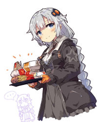 Rule 34 | ..., 2girls, black jacket, blue eyes, blush, braid, brand name imitation, breasts, closed mouth, collared shirt, cup, disposable cup, dress, drinking glass, fast food, fingerless gloves, food, french fries, gloves, grey dress, hair ornament, holding, holding tray, jacket, jitome, kizuna akari, long hair, long sleeves, low twintails, medium breasts, multiple girls, normaland, open clothes, open jacket, orange gloves, puffy long sleeves, puffy sleeves, shirt, silver hair, simple background, smile, solo focus, spoken ellipsis, striped clothes, striped gloves, tray, twin braids, twintails, very long hair, voiceroid, white background, white shirt, yuzuki yukari
