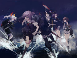 Rule 34 | 10s, 5girls, abyssal ship, blue eyes, cover image, gradient background, harano, holding, holding weapon, kagerou (kancolle), kantai collection, multiple girls, ocean, open mouth, purple hair, red eyes, shiranui (kancolle), sky, tatsuta (kancolle), tenryuu (kancolle), weapon, white hair, yellow eyes, yukikaze (kancolle)