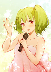 Rule 34 | 1girl, alternate costume, alternate hairstyle, bare arms, bare shoulders, blush, collarbone, dress, flat chest, gradient background, green hair, hair between eyes, hand up, highres, holding, holding microphone, looking at viewer, macross, macross frontier, microphone, music, neck, open hand, open mouth, pink dress, ranka lee, red eyes, sasanoneko, short hair, side ponytail, singing, smile, solo, strapless, strapless dress