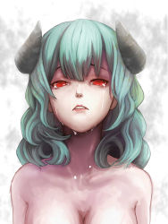 Rule 34 | 1girl, bad id, bad pixiv id, breasts, crying, demon horns, green hair, highres, horns, long hair, looking at viewer, nude, original, parted lips, red eyes, solo, tears, tobihira, upper body