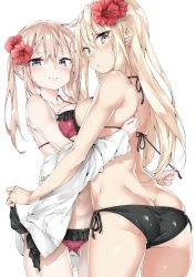 Rule 34 | 10s, 2girls, ass, bare arms, bikini, bikini under clothes, bismarck (kancolle), black bikini, blonde hair, blush, breast press, breasts, brown hair, butt crack, closed mouth, collarbone, cowboy shot, ebifurya, eyebrows, flower, frilled bikini, frills, gluteal fold, graf zeppelin (kancolle), hair between eyes, hair flower, hair ornament, hand on another&#039;s back, hibiscus, highres, hug, jacket, jacket over swimsuit, kantai collection, long hair, looking at viewer, looking back, medium breasts, multiple girls, navel, off shoulder, pout, red flower, side-tie bikini bottom, skin tight, stomach, string bikini, swimsuit, swimsuit under clothes, symmetrical docking, thighs, twintails, untying, white background, yuri