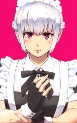 Rule 34 | 1girl, black eyes, black gloves, black ribbon, blunt bangs, blush, ckln, closed mouth, fingerless gloves, frills, gloves, looking at viewer, maid, neck ribbon, original, red background, ribbon, serious, short hair, short sleeves, simple background, solo, upper body, white hair, wrist cuffs