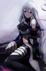 Rule 34 | .noz, 1girl, arknights, bare shoulders, black gloves, breasts, closed mouth, commentary, detached sleeves, expressionless, gloves, green hair, hair between eyes, highres, infection monitor (arknights), large breasts, long hair, long sleeves, looking at viewer, red eyes, sidelocks, sitting, skadi (arknights), skadi (elite ii) (arknights), slit pupils, solo, wariza