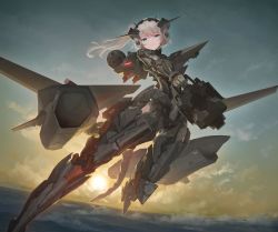 Rule 34 | &gt;:(, 1girl, ace combat, ace combat 7: skies unknown, arclight (ace combat), blue eyes, cannon, commentary request, electromagnetic launcher, highres, holding, holding weapon, looking at viewer, magnetic weapon, mecha musume, mechanical arms, mechanical tail, personification, railgun, side ponytail, single mechanical arm, solo, tail, tom-neko (zamudo akiyuki), weapon, white hair, x-02s strike wyvern