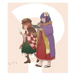 Rule 34 | 2girls, ?, agatha chris q outfit (touhou), book, boots, brown capelet, brown footwear, cabbie hat, capelet, checkered clothes, checkered kimono, commentary request, detective, flip-flops, flower, fur trim, gloves, green skirt, hair flower, hair ornament, hand on own chin, hat, hieda no akyuu, highres, holding, holding book, holding magnifying glass, japanese clothes, kimono, magnifying glass, motoori kosuzu, multiple girls, open book, orange hair, purple capelet, purple eyes, purple hair, red eyes, red skirt, sandals, short hair, skirt, socks, stroking own chin, thinking, touhou, white flower, white gloves, white socks, yellow kimono, yokujitsu
