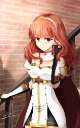 Rule 34 | 1girl, bare shoulders, black gloves, breasts, celica (fire emblem), cleavage, dress, earrings, eeryuu (2004107), fingerless gloves, fire emblem, fire emblem echoes, fire emblem echoes: shadows of valentia, gloves, hand in own hair, highres, jewelry, long hair, nintendo, red eyes, red hair, shadow, signature, simple background, smile, solo, stairs, strapless, strapless dress, tiara, white dress