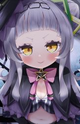 Rule 34 | 1girl, absurdres, black capelet, black headwear, blunt bangs, blush, bow, bowtie, breasts, capelet, cocozasa, cropped shirt, doyagao, grey shirt, hair bun, hair ornament, hairband, half updo, hat, hexagram hair ornament, highres, hololive, layered capelet, long hair, looking at viewer, midriff, murasaki shion, murasaki shion (1st costume), parted lips, pink bow, pink bowtie, purple capelet, shirt, short eyebrows, side bun, sidelocks, silver hair, single side bun, small breasts, smile, smug, solo, striped clothes, striped shirt, tilted headwear, upper body, vertical-striped clothes, vertical-striped shirt, virtual youtuber, witch hat, yellow eyes
